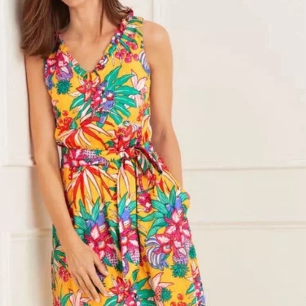 Talbots Women’s Yellow Tropical Floral V-Neck Midi Belted Dress Cotton S…